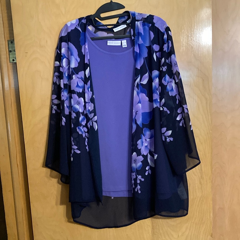 Susan Graver liquid knit tank with sheer jacket set, lavender/navy, size XL